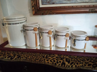 Large 5-Piece Set Of Locking Crock Canisters With Spoons.