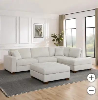 Brand new fabric sectional with storage ottoman, View more