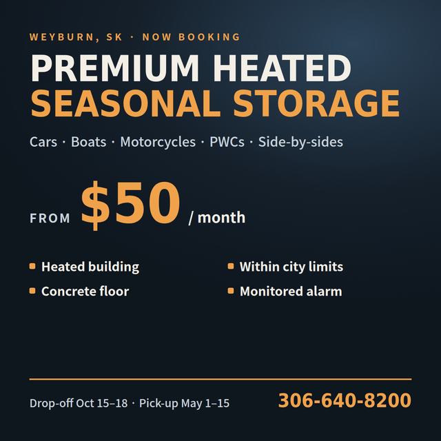 Premium Heated Seasonal Storage – Cars, Boats, Bikes – Weyburn