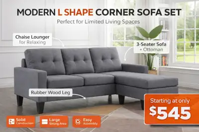 3 Seater Sectional Sofa with Ottoman in light Grey fabric, View more