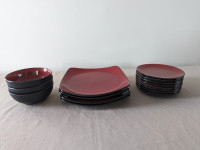 Corelle Hearthstone plates and bowls, red and black
