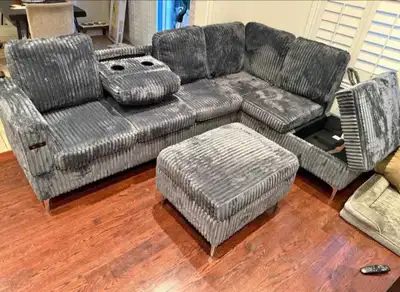 Grey Corduroy Sectional Sofa with Storage & Cup Holders, View more