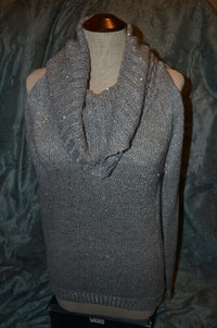 Michael Kors Grey Sequin Cold Shoulder Cowl Sweater Work XS