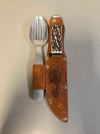 Vintage Knife Spoon & Fork Set With Belt Sheath Hunting Fishing 