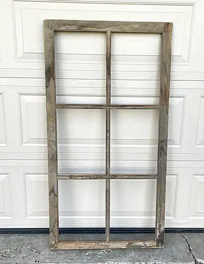 ANTIQUE FARMHOUSE WOODEN WINDOW FRAME IN NATURAL WOOD., View more