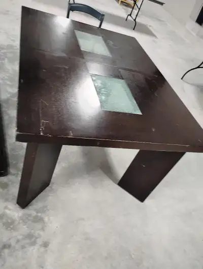 Solid wood table with 2 glass inserts (one cracked), View more