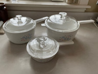 Corelle and regular saucepans, baking pan set and cutlery set