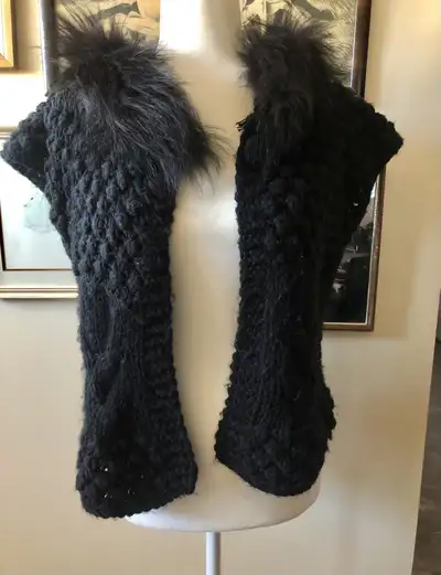 Medium Large Knit Black Vest Faux Fur Collar Clothing Cozy, View more