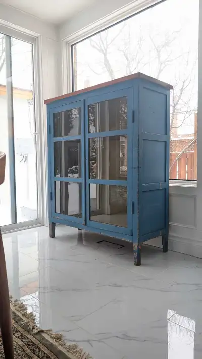 Vintage Blue Wood and Glass Display Cabinet, View more