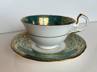 Aynsley C878 Pink Rose Turquoise & Gold Bone China Cup w/ Saucer