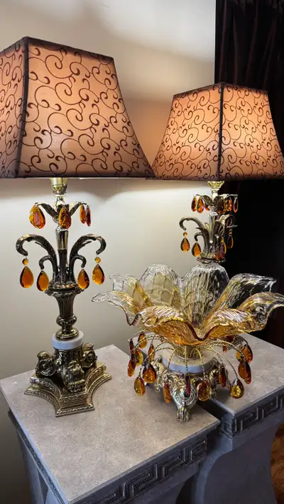 Vintage Crystal Amber Table Lamps  and Centerpiece Set, View more