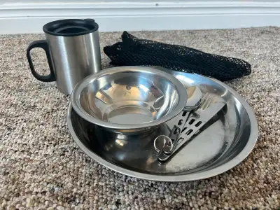 - Mug, plate, bowl, utensil set - $10 - Tent brush and clothesline - $5