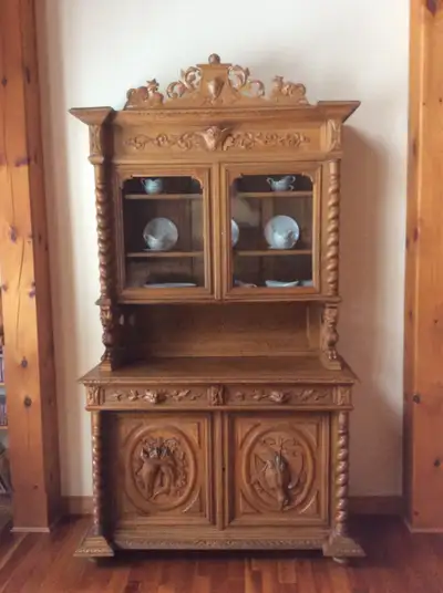 Heavily carved European white oak hutch from the mid 1700’s. This hutch came from the Belgian/Hollan...