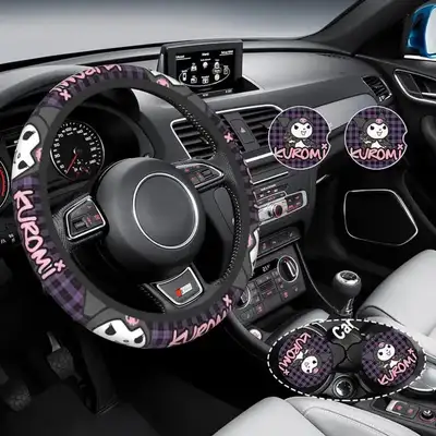 Kuromi Car Steering Wheel Cover with 2pcs Car Coasters, View more