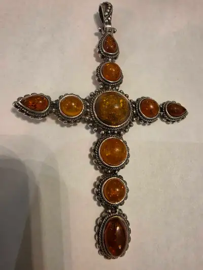 Sterling Vintage Large Cross Pendant Baltic Amber, View more