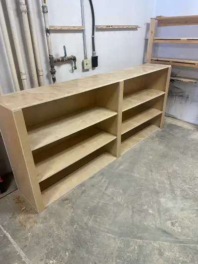 8’ shelving unit made with 3/4 birch cabinet grade plywood. Very solid! No stains.