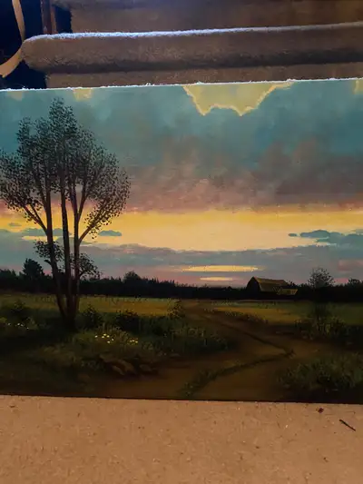 Beautiful original acrylic painting of a country landscape with farmhouse in the distance just appro...