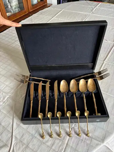 Vintage Thai brass flatware with caviar spoons, View more
