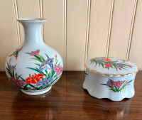 Vintage Asian enamel gilt porcelain vase and box set  2 marked