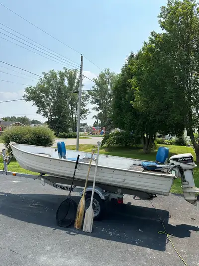 14 foot aluminum boat 15hp Johnson Comes with two seats, two paddles, net, anchor, bilge pump( boat...