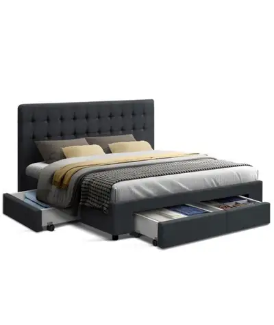 Upgrade your bedroom with this elegant queen-sized upholstered storage bed featuring a button-tufted...