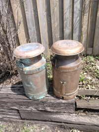 Copper milk cans, vintage Silverwood, LMDA, signs