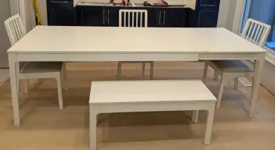 Modern White Extendable Dining Table Set with 3 Chairs & Bench, View more