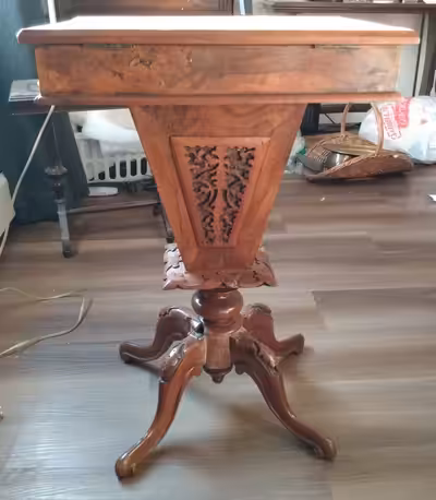 This is an exquisite Victorian sewing table, English, c 1890. It is 29" high, and the top is a burl...