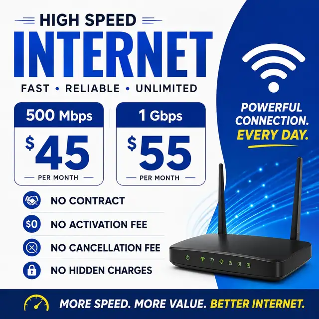  High-Speed Internet – 500 Mbps for $45 or 1 Gbps for $55/Mont