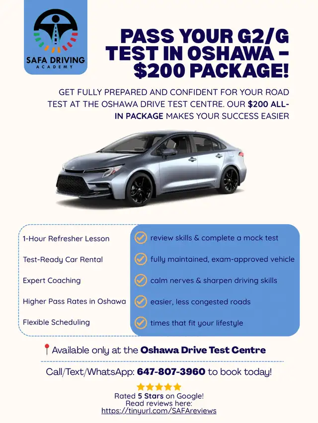 Pass Your G2/G Test – Car Rental + Lesson Included – Oshawa