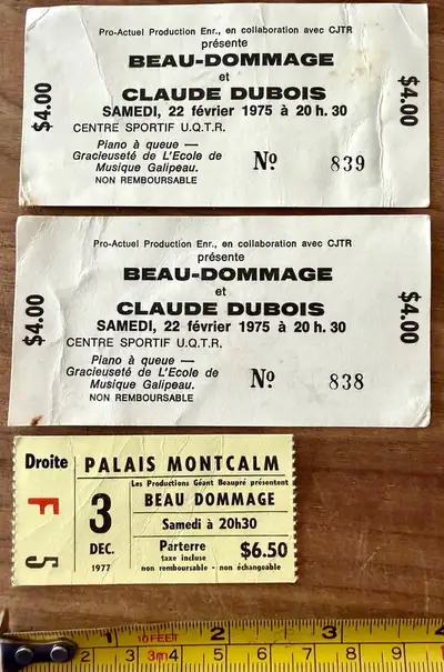 3 billets spectacle Beau Dommage et Claude Dubois, 1975-1977, View more