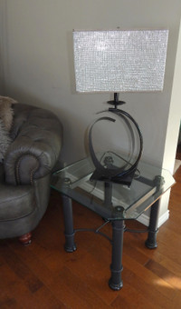 TWO BLACK GLASS TOP END TABLES