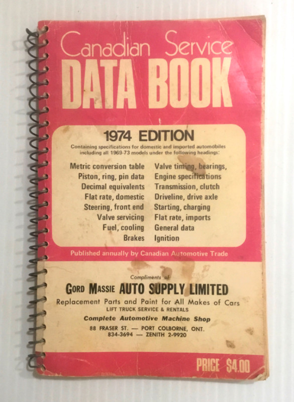 Canadian Service Data Book 1974 Edition (for 1969-73 models) in Other Parts & Accessories in St. Catharines