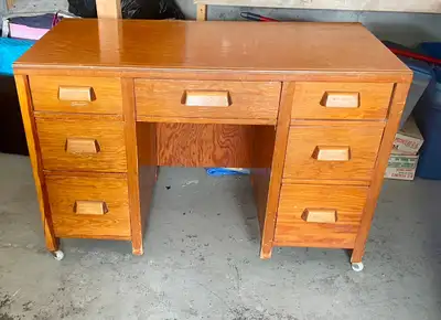 Vintage Solid Oak Pedestal Desk - 7 Drawers, View more