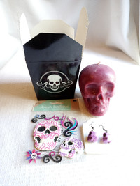 Pink Skull Candle, Purple Skull Earrings, Stickers Gift box!