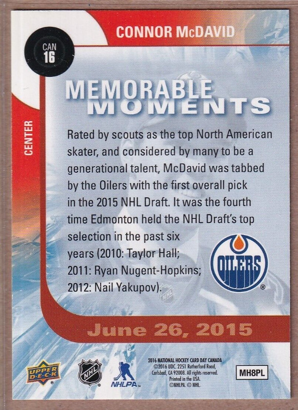 CONNOR McDAVID … National Hockey Card Day C16 … FIRST DRAFT PICK in Arts & Collectibles in City of Halifax - Image 2