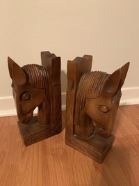 Vintage Rustic Hand Carved Wood Horse Head Bust Bookends