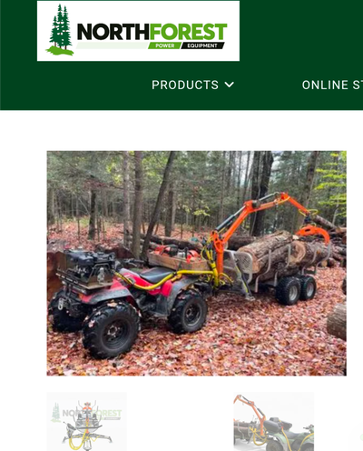 NF-350W log loader with traction. Hydraulic grapple, trailer, remote. Hook to an ATV or UTV.