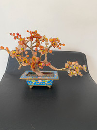 Antique Chinese jade bonsai with cloisonné vase. 10”x8”.