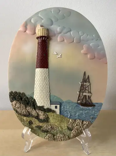 3D Sculpted Wall Plaque of Lighthouse at Barnegat NJ Nautical, View more