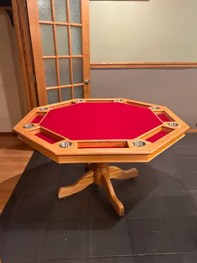 Poker/Games Table For Sale. This is a custom built solid oak table with red felt playing surface. Pe...