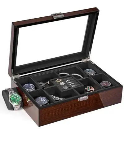 BEWISHOME Jewelry Box for Men with Glass Top, Wooden Watch Box, View more