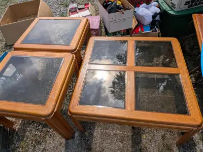 Oak and Glass Coffee and End Table Set, View more