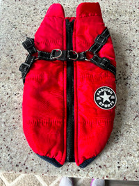 Red dog jacket with built in harness by fashion sports. Size med