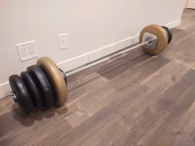 66" barbell (42" between stops) - 20lb 2x 25lb 2x 14lb 4x 10lb I have some other weights, check out...