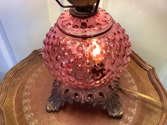 Vt Cranberry Red Hobnail Hurricane Double Lt Lamp Bronzed Base in Indoor Lighting & Fans in Belleville - Image 3