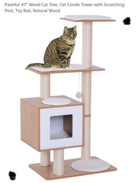 PawHut 47" Wood Cat Tree, Cat Condo Tower with Scratching Post,