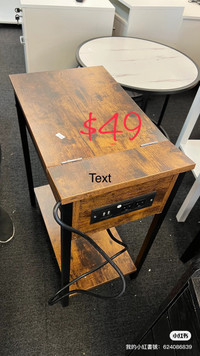  Side Table with Charging Station, Narrow Nightstand with Drawer