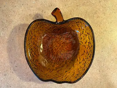 Vintage MCM 1970s Libbey Amber Glass Apple Shape Bowl, View more