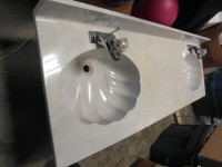 For sale Marble 61 inch W x 22 inch D White Vanity Top c/w taps
